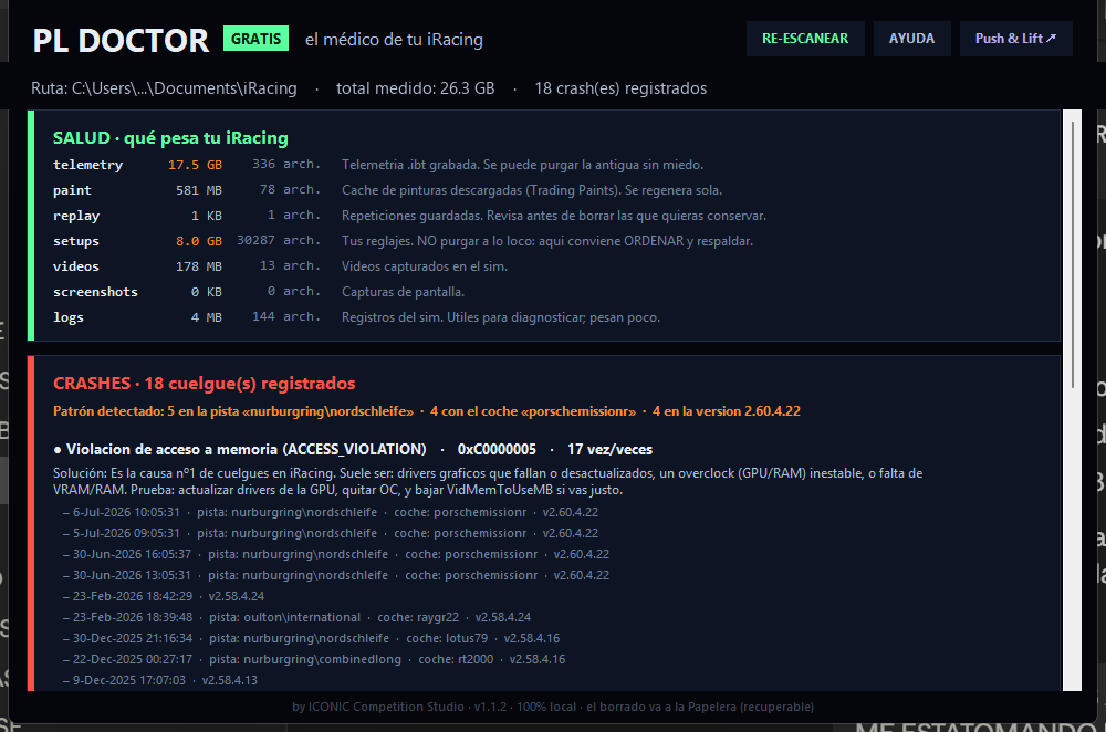 PL DOCTOR: health scan of the iRacing folder and crash diagnosis with pattern detection, in plain language