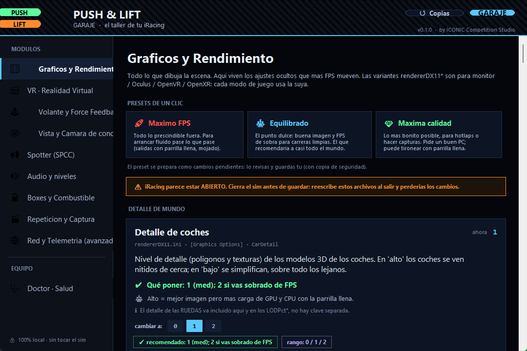 PL GARAJE: modules on the left, each iRacing hidden setting explained with a recommended value