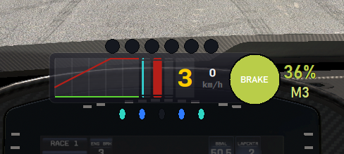 PL LITTLE in Driver Inputs mode inside a real cockpit: countdown LEDs above, tyre-temperature LEDs below, the BRAKE light over iRacing's inputs box and the 36% / M3 marker